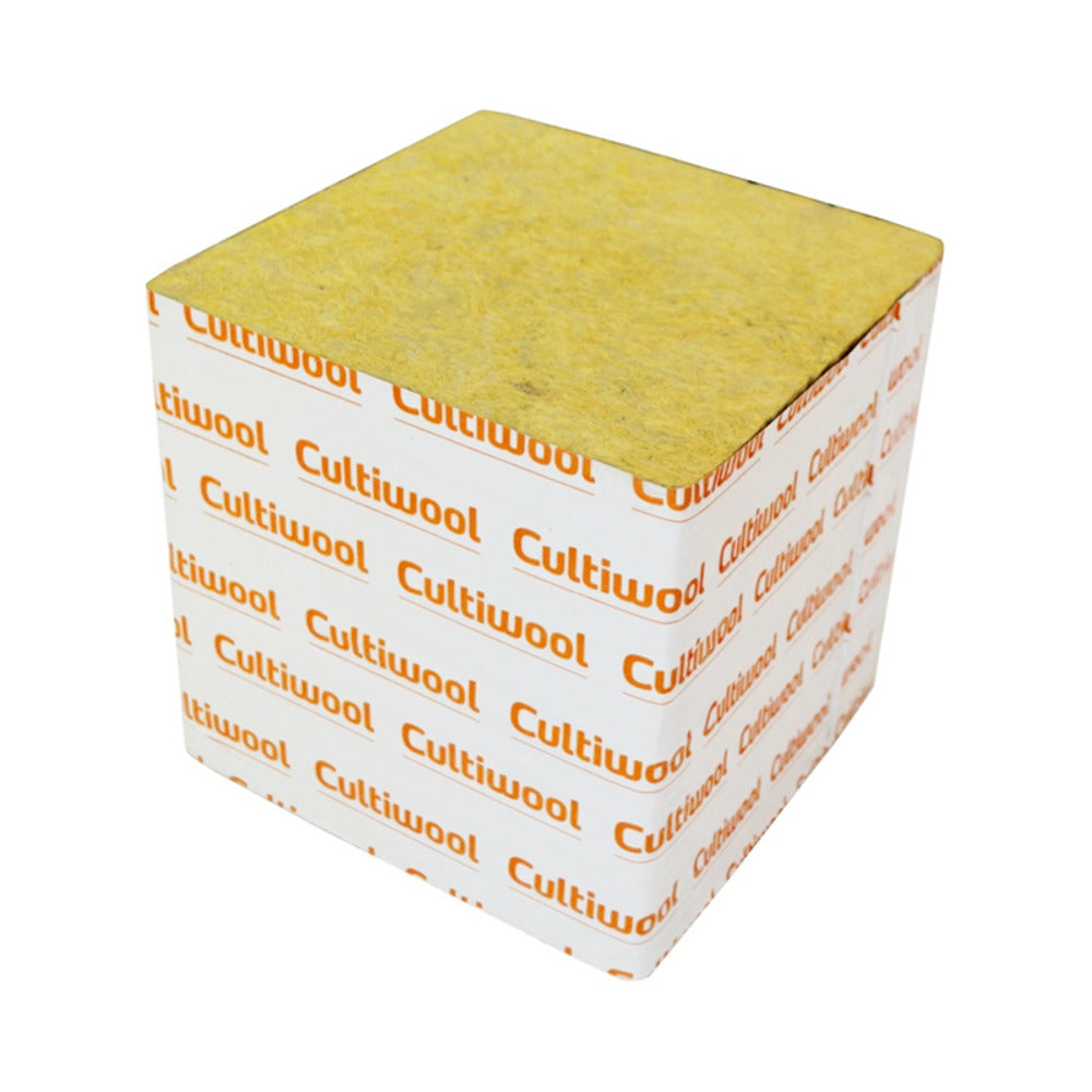 Cultiwool 8x8x8 block of yellow rock wool. White packaging with orange 'Cultiwool' branding visible on sides.