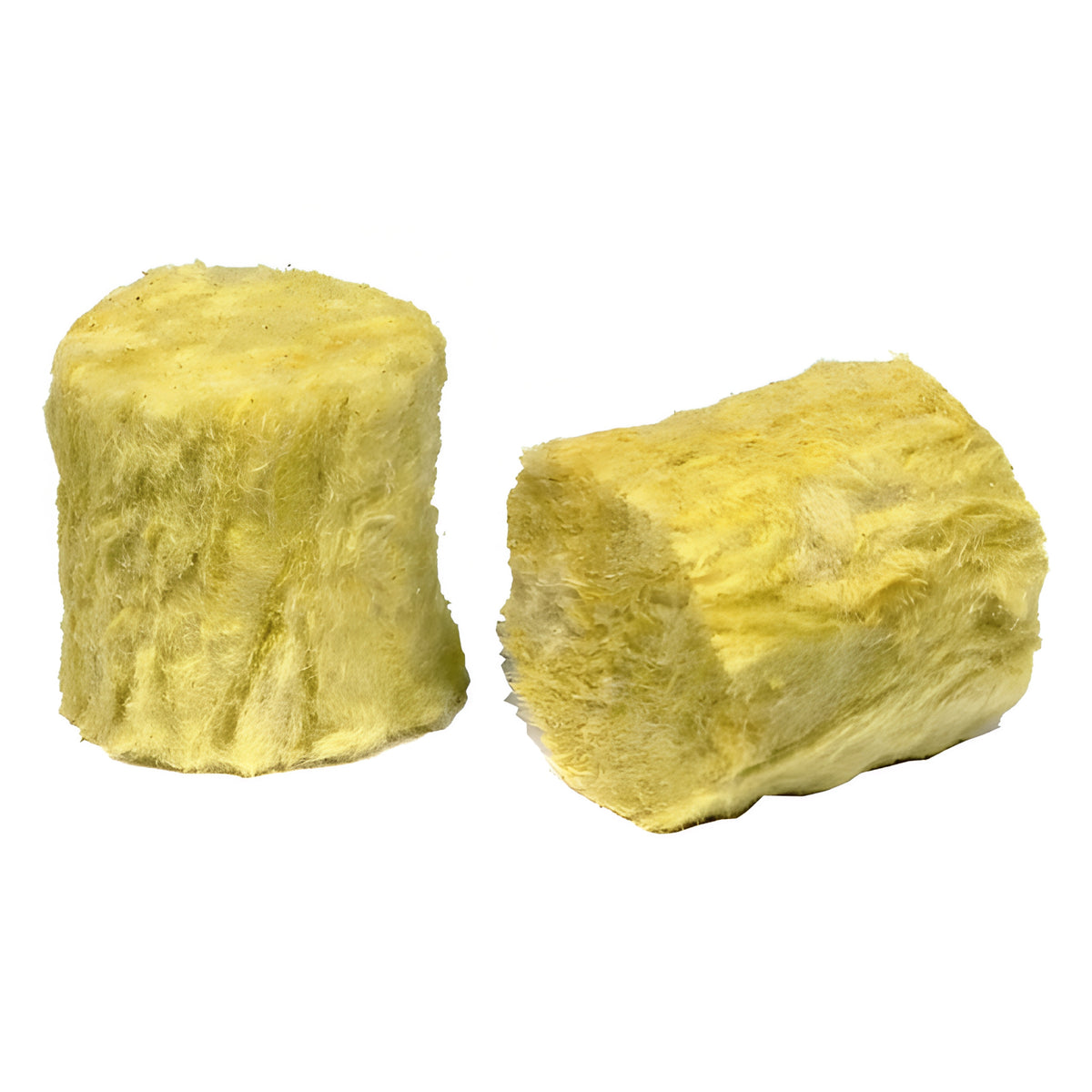 Two yellow, fibrous Cultiwool Round Macro Plugs for propagation; one upright, one on its side, on white.