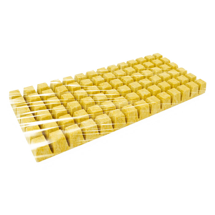 Yellow rockwool 84-cell rooting plug sheet, shrink-wrapped in clear plastic.