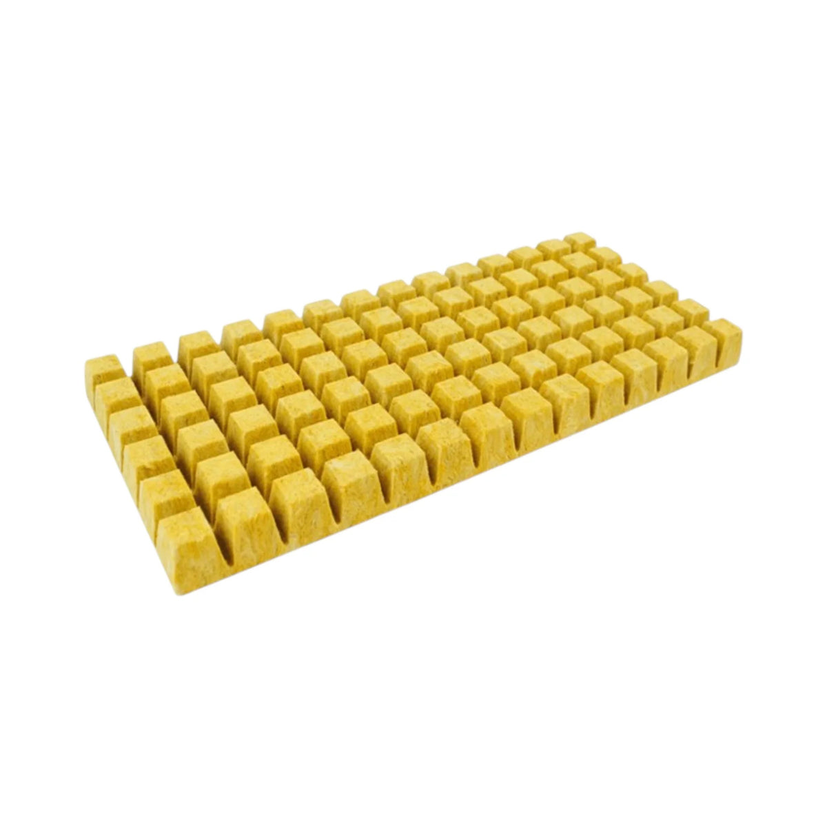 Yellow 84-cell Cultiwool rooting plug sheet, a fibrous grow medium for plant propagation, isolated on a white background.