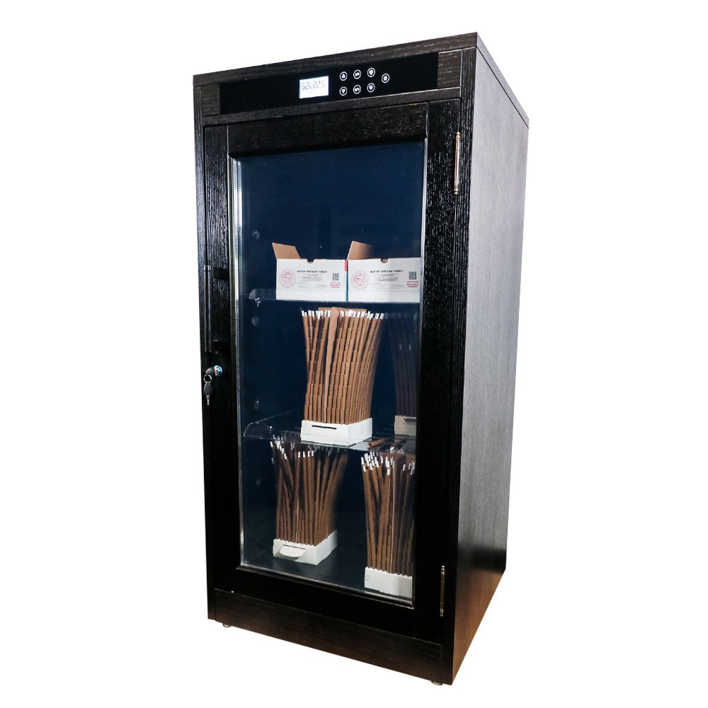 Black humidor with glass door displays cigars on shelves, digital display on top.