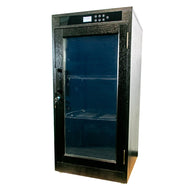 Black humidor with glass door, digital display, and key lock.