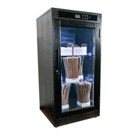 Black humidor with glass door, displaying artisan tobacco tubes in white holders. Digital display on top.