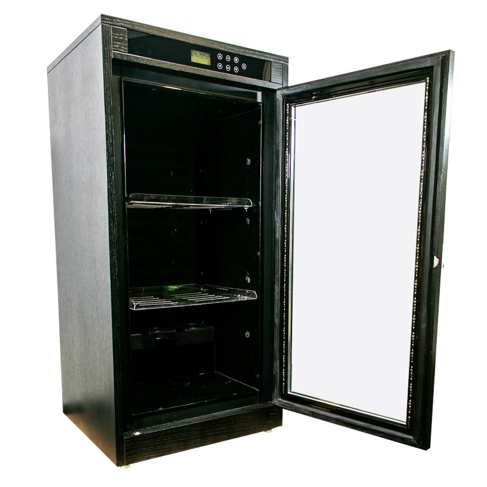 Black humidor with open glass door, display panel, and interior shelves.