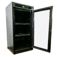 Black humidor with open glass door, display panel, and interior shelves.