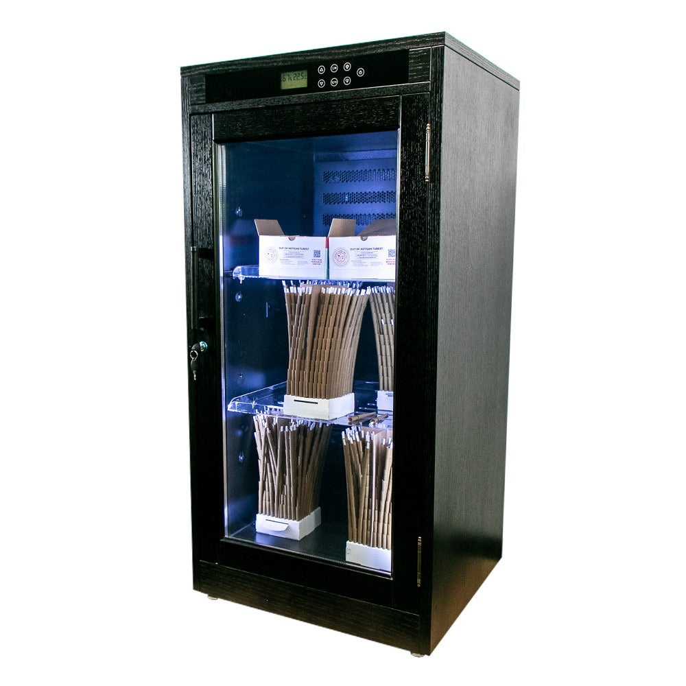 Black Series humidor with glass door, displaying incense sticks on clear shelves.