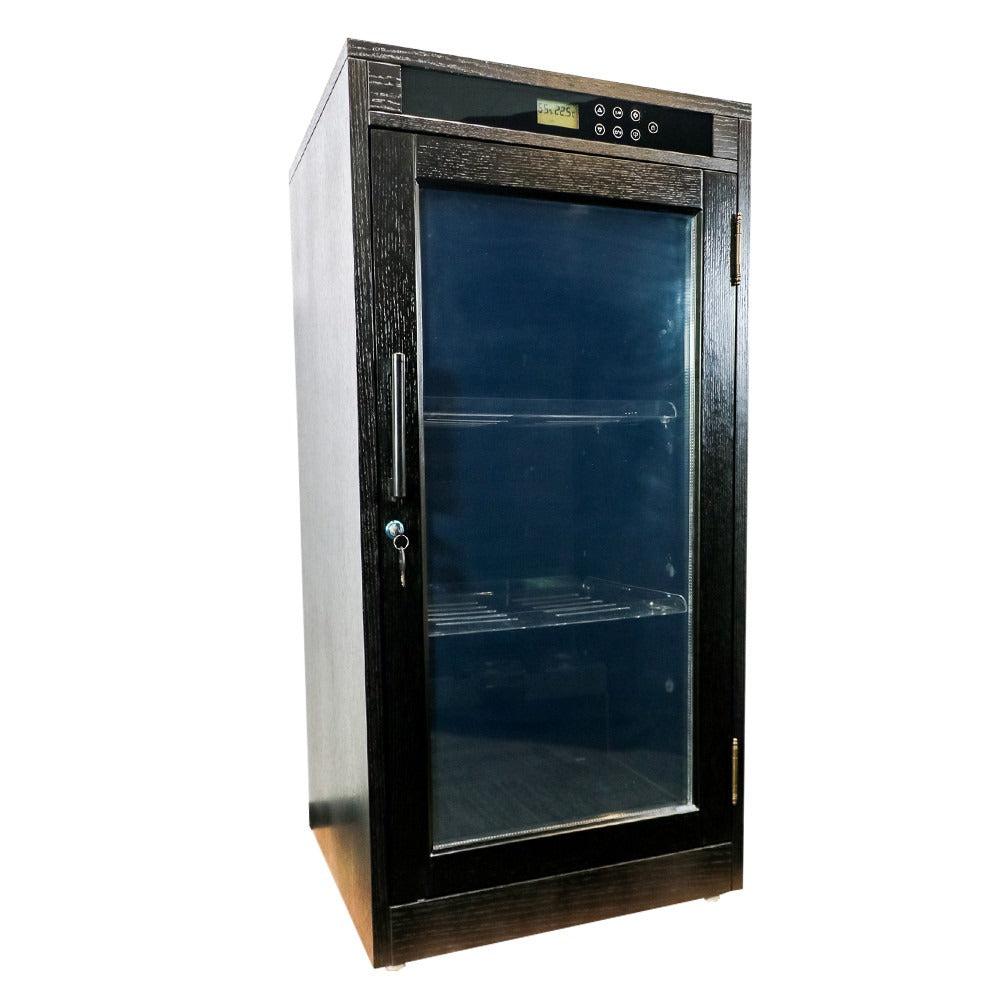 Black humidor with glass door, metal handle, key lock, digital display, and two shelves.