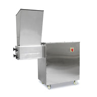 Stainless steel industrial grinder with large hopper and side on/off switch, on wheels.