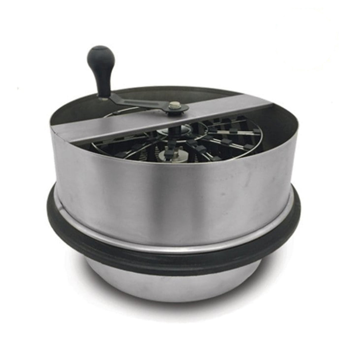 Stainless steel bud trimming machine with a hand crank and a black rubber base.
