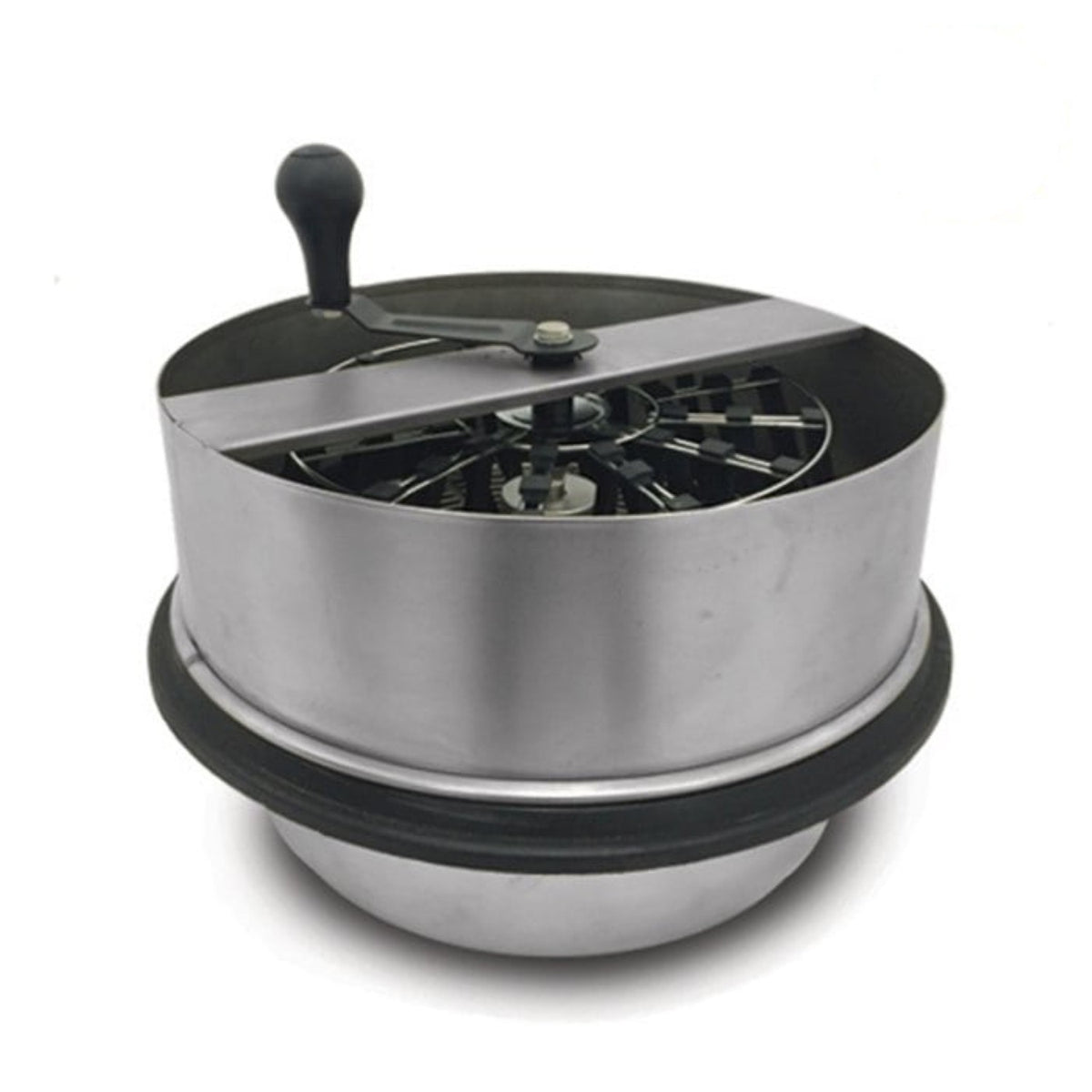 Stainless steel bud trimming machine with a hand crank and a black rubber base.