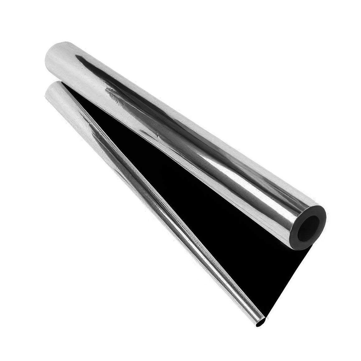 Roll of black mylar film, metallic sheen, isolated on white background.