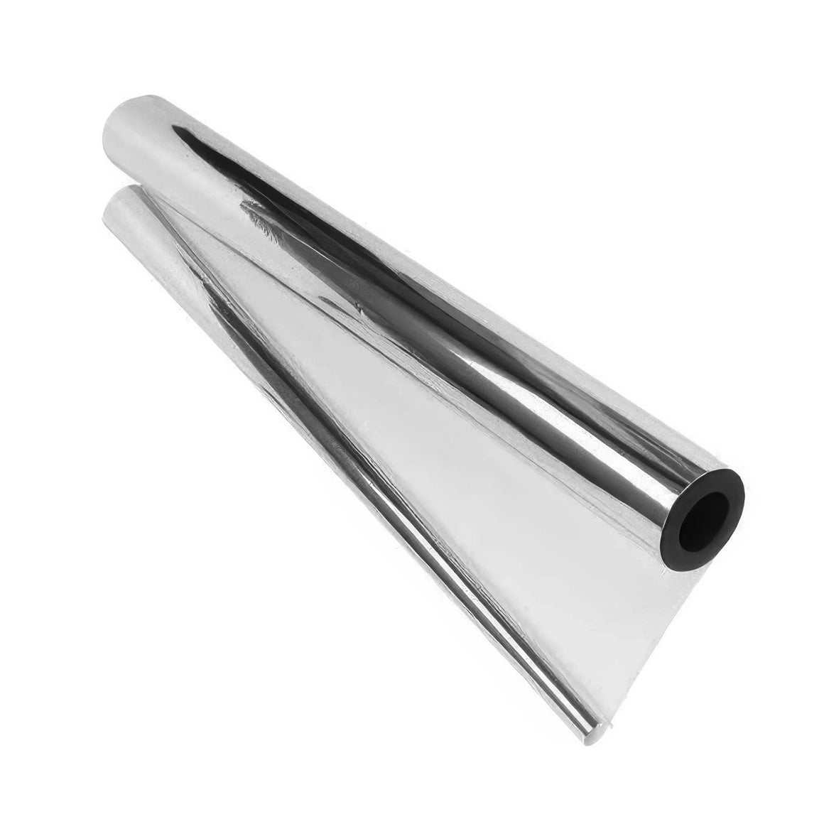 A roll of shiny silver mylar foil on a white background.
