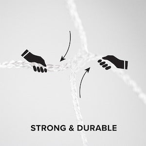 Two hands pulling on a white trellis netting, showing its strength and durability.