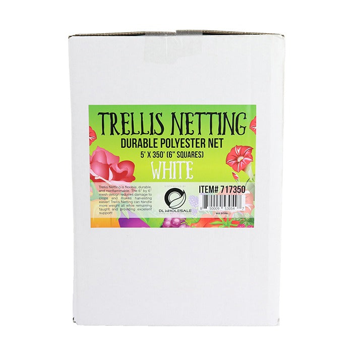 White 5'x350' trellis netting with 6" squares, made of durable polyester for crops.