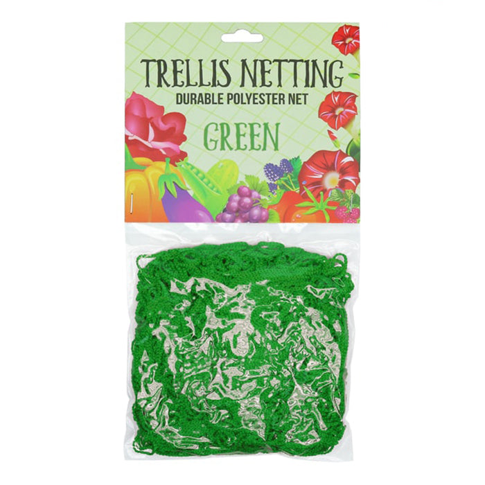 Green trellis netting in packaging with colorful fruit and vegetable illustration.
