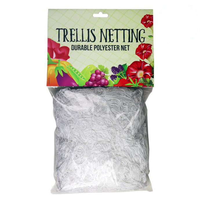 White trellis netting in plastic packaging with colorful fruit and flower illustrations and "TRELLIS NETTING" text.