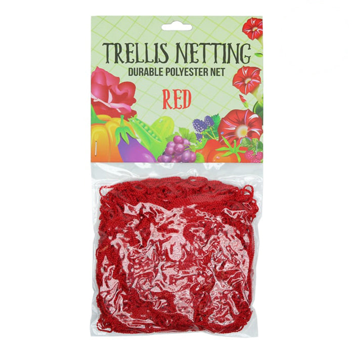 Red trellis netting in a clear plastic bag, with a green header featuring flowers and vegetables.