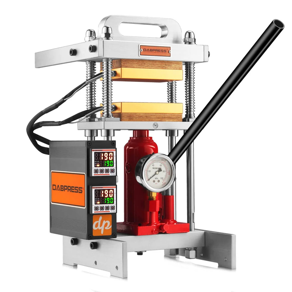 Dabpress 4-ton rosin press with pressure gauge, digital temperature displays, and black handle.