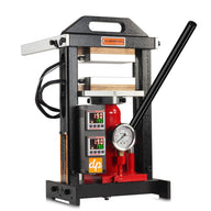 Red and black 6-ton rosin press with dual digital temperature controllers and pressure gauge.