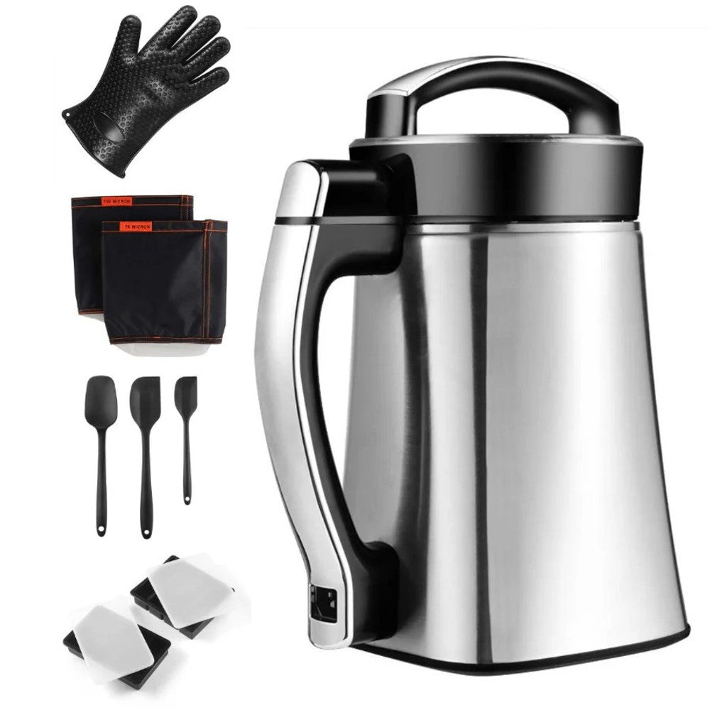 Stainless steel herbal infusion machine with accessories: glove, straining bags, spatulas, and ice cube trays.