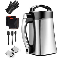Stainless steel herbal infusion machine with accessories: glove, straining bags, spatulas, and ice cube trays.