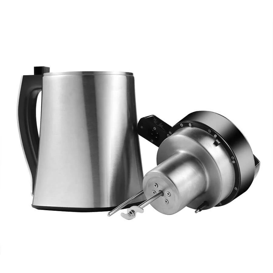 Stainless steel herbal infuser machine with a tall pitcher and a separate motor base.