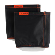 Black filter bags with orange stitching, labeled 