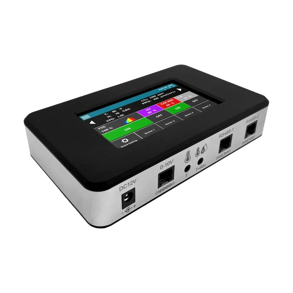 A white and silver LED grow light controller with a touchscreen display showing environmental data and lighting controls.