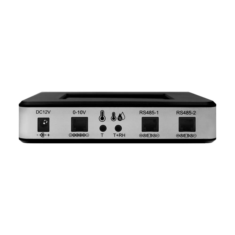 Black and silver LED grow light controller with ports for DC12V, 0-10V, temperature, humidity, and RS485.