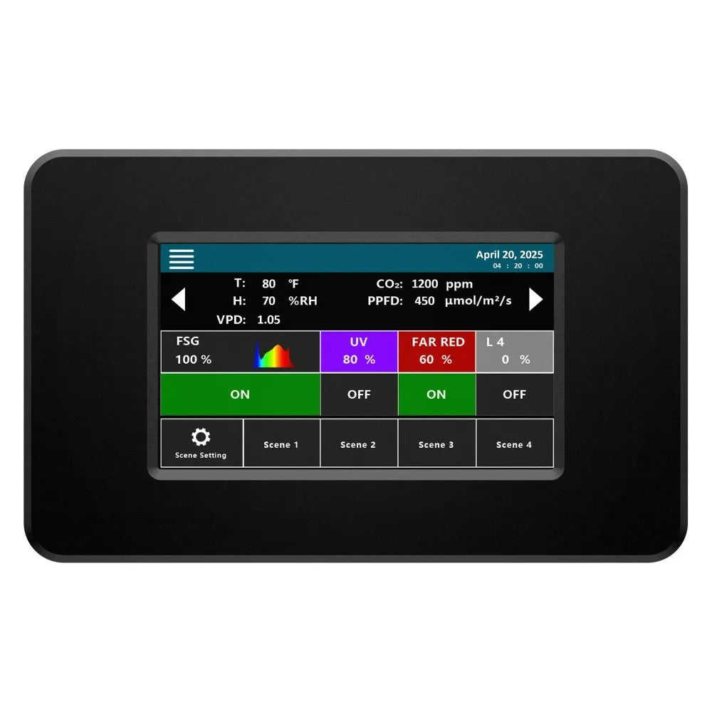 Black LED grow light controller showing temperature, humidity, CO2, and light spectrum controls.