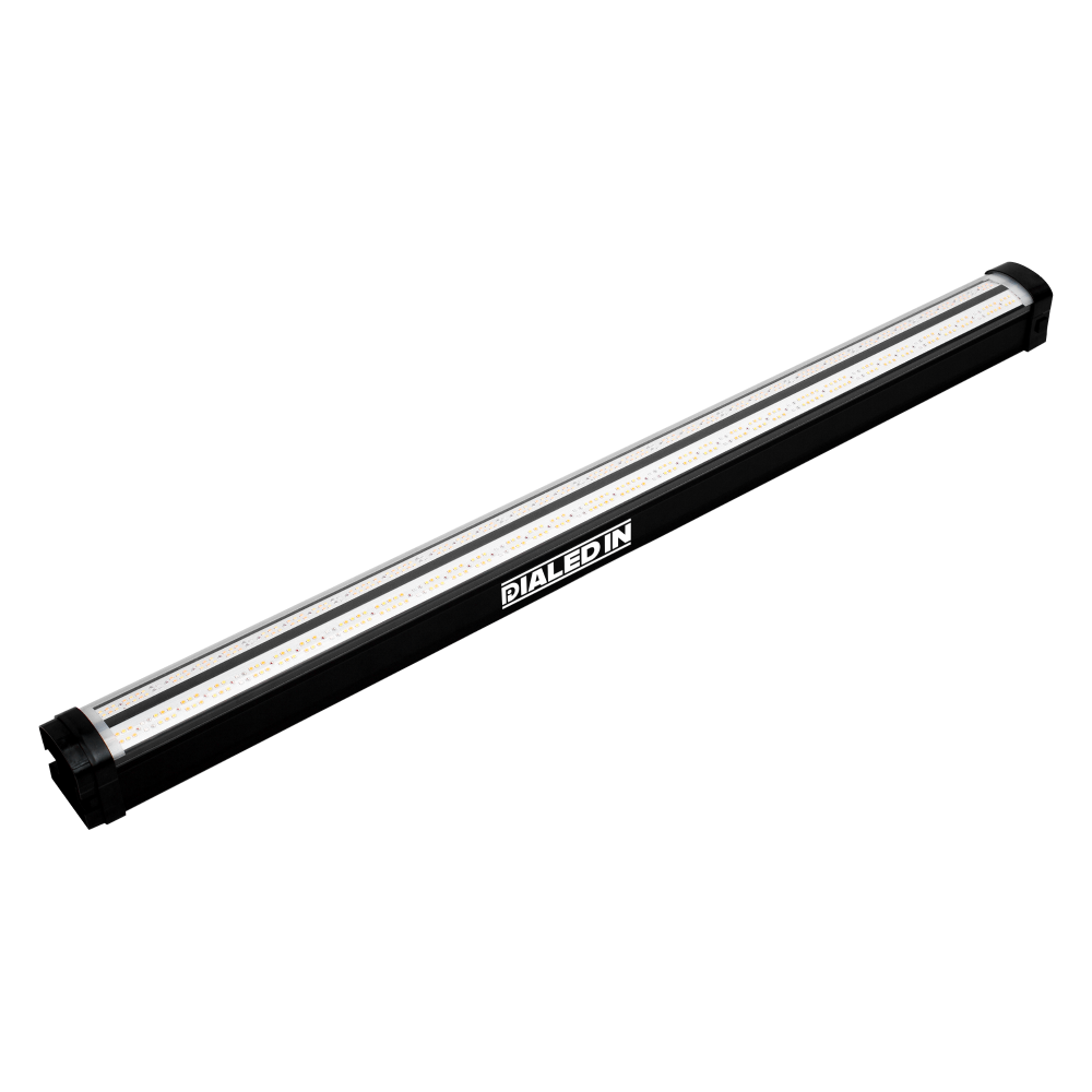 Black LED grow light bar with "DIALED IN" logo, dual rows of LEDs, and end caps.