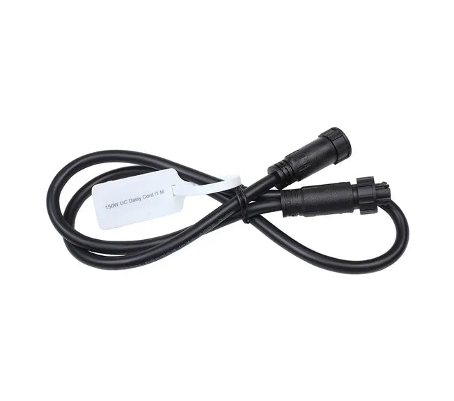 Black 1-meter daisy chain cable with M and F connectors, labeled "150W UC Daisy Cord 1 M".