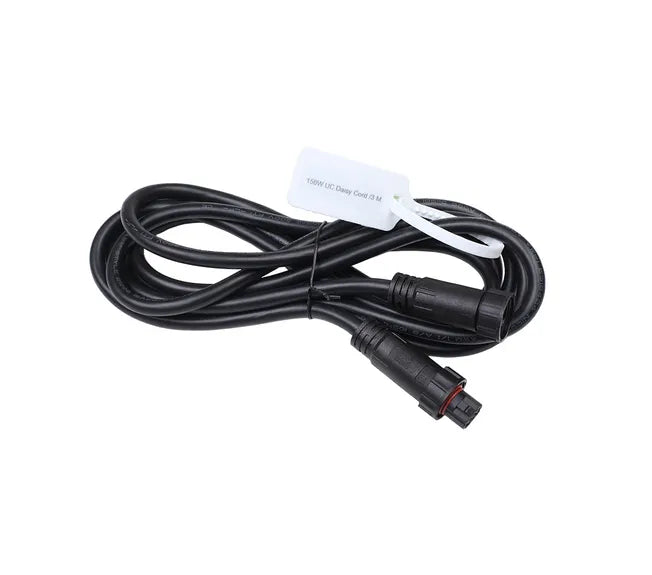 Black 3-meter UC daisy chain extension cord with male and female connectors and a white tag.