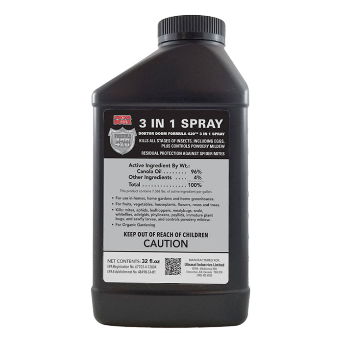 Black bottle of Doktor Doom Formula 420 3-in-1 spray, an insect killer and powdery mildew control.