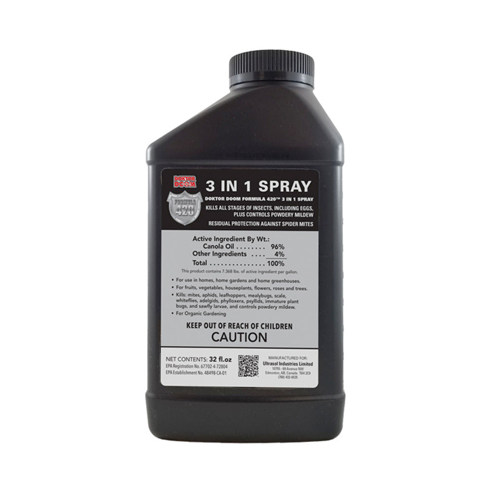 Black bottle of Doktor Doom Formula 420 3-in-1 spray, an insect killer and powdery mildew control.