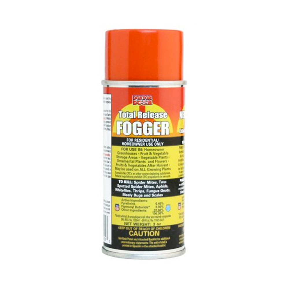 Doktor Doom Go Green Total Release Fogger can with orange top, showing product name and usage instructions.