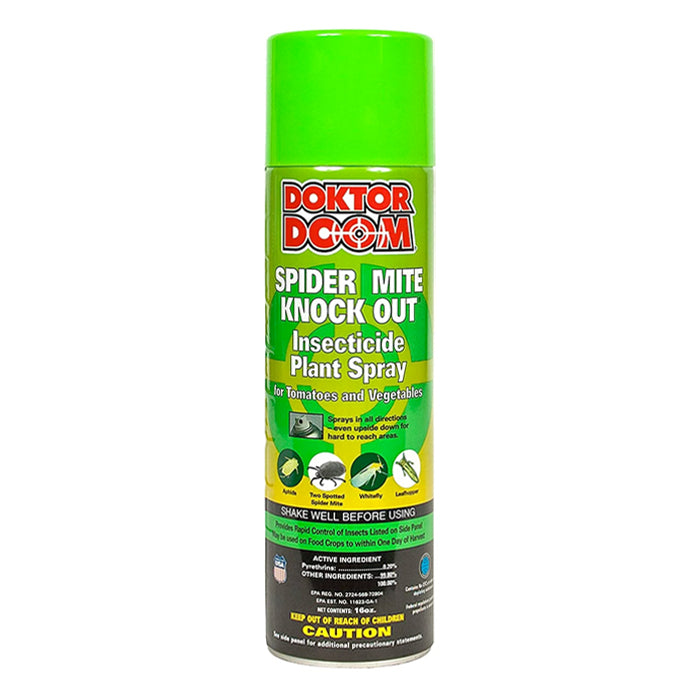 Doktor Doom Spider Mite Knock Out Insecticide Plant Spray can. Green can with red and white label.