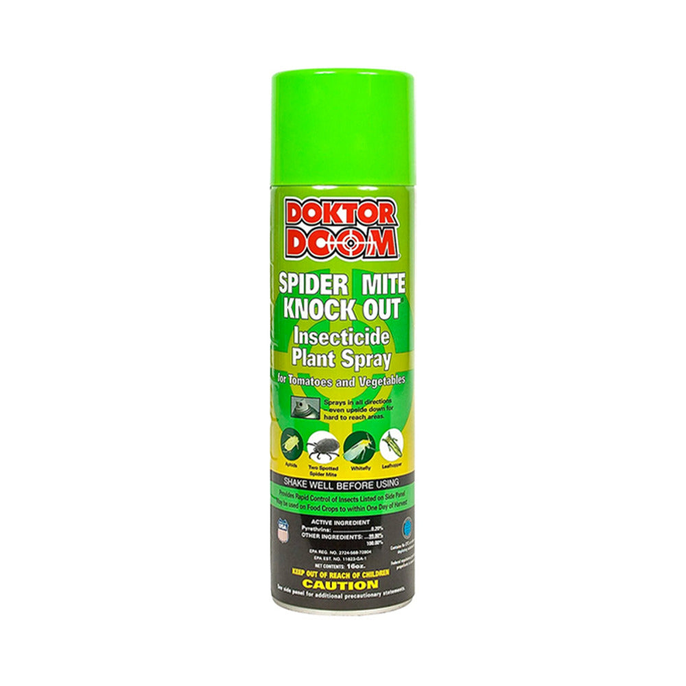 Doktor Doom Spider Mite Knock Out Insecticide Plant Spray can. Green can with red and white label.