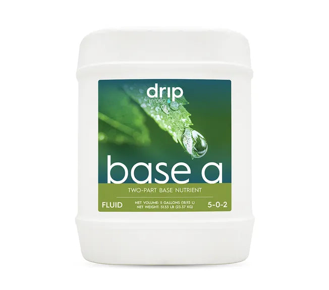 White jug of Drip Hydro Base A two-part base nutrient fluid, 5 gallons (5-0-2).