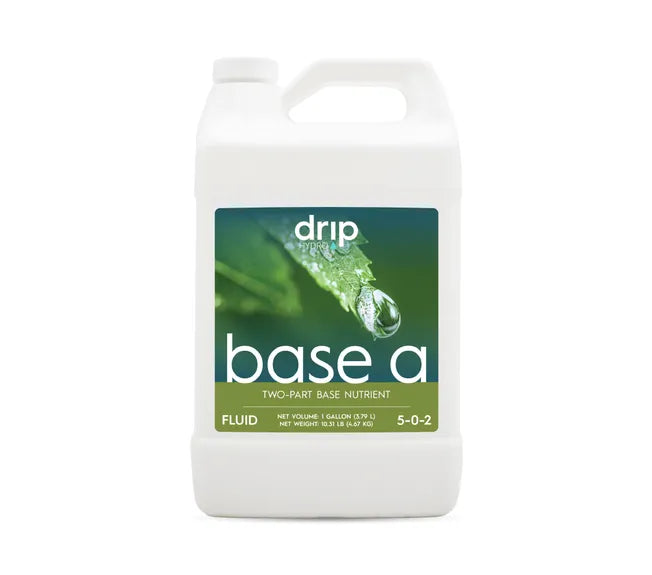 White gallon jug of Drip Hydro Base A two-part base nutrient fertilizer, with green label.