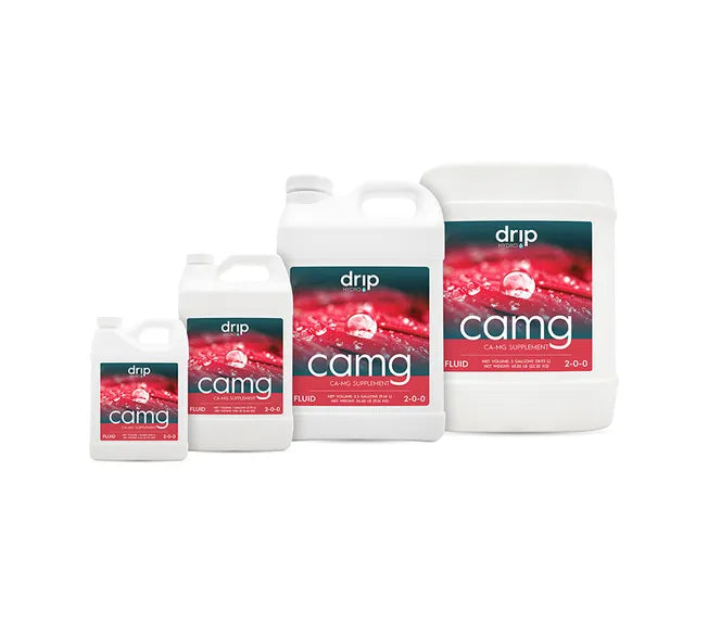 Drip Hydro CAMG fluid in various sizes, featuring a red leaf with water droplets on labels.