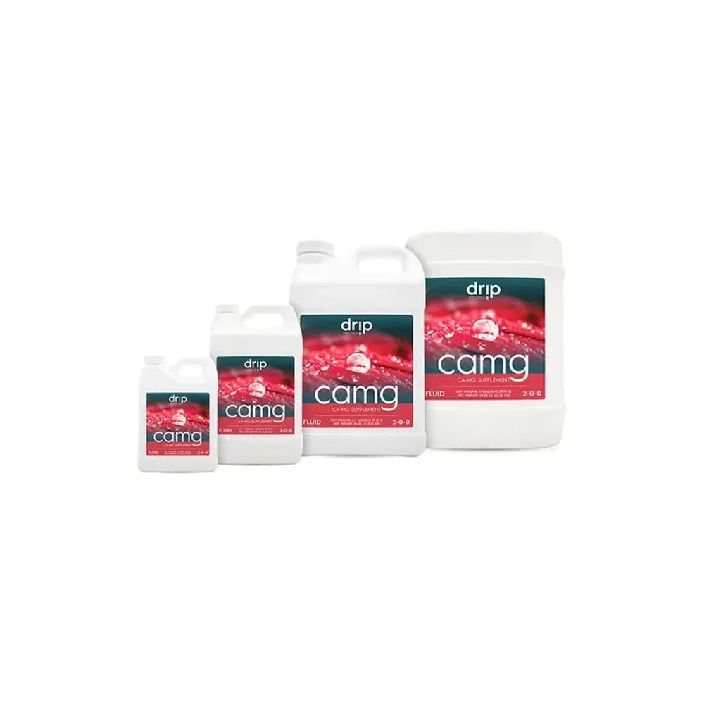 Drip Hydro CAMG fluid in various sizes, featuring a red leaf with water droplets on labels.