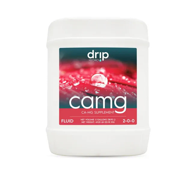 White 5-gallon jug of Drip Hydro Ca-Mg Supplement with a red flower and water drop image.