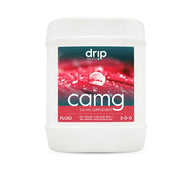 White 5-gallon jug of Drip Hydro Ca-Mg Supplement with a red flower and water drop image.