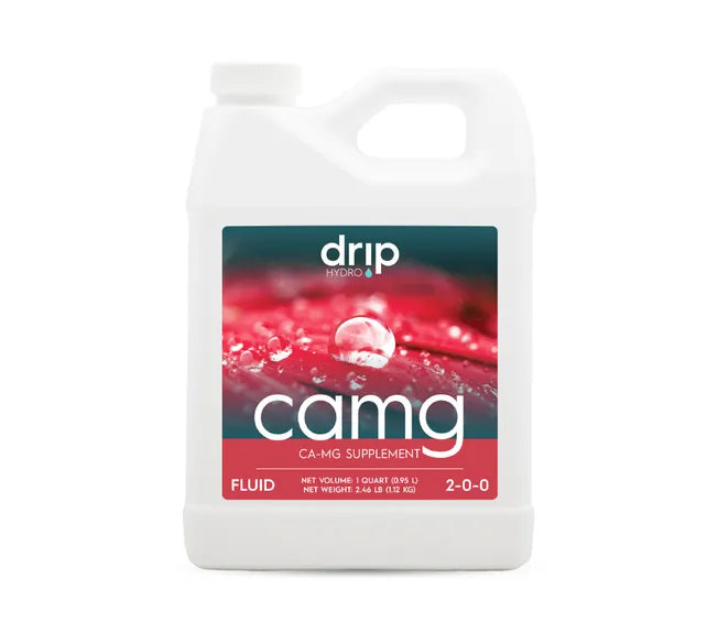 White plastic jug of Drip Hydro Ca-Mg Supplement with a red label and water droplets.