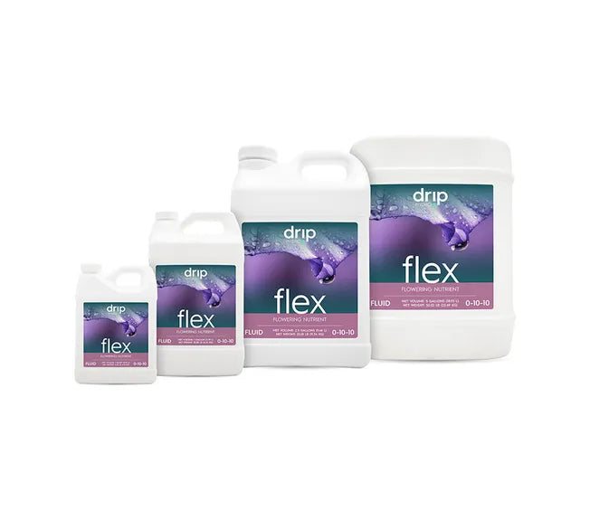 "Drip Hydro Flex Flowering Nutrient bottles in various sizes, white with purple floral label."