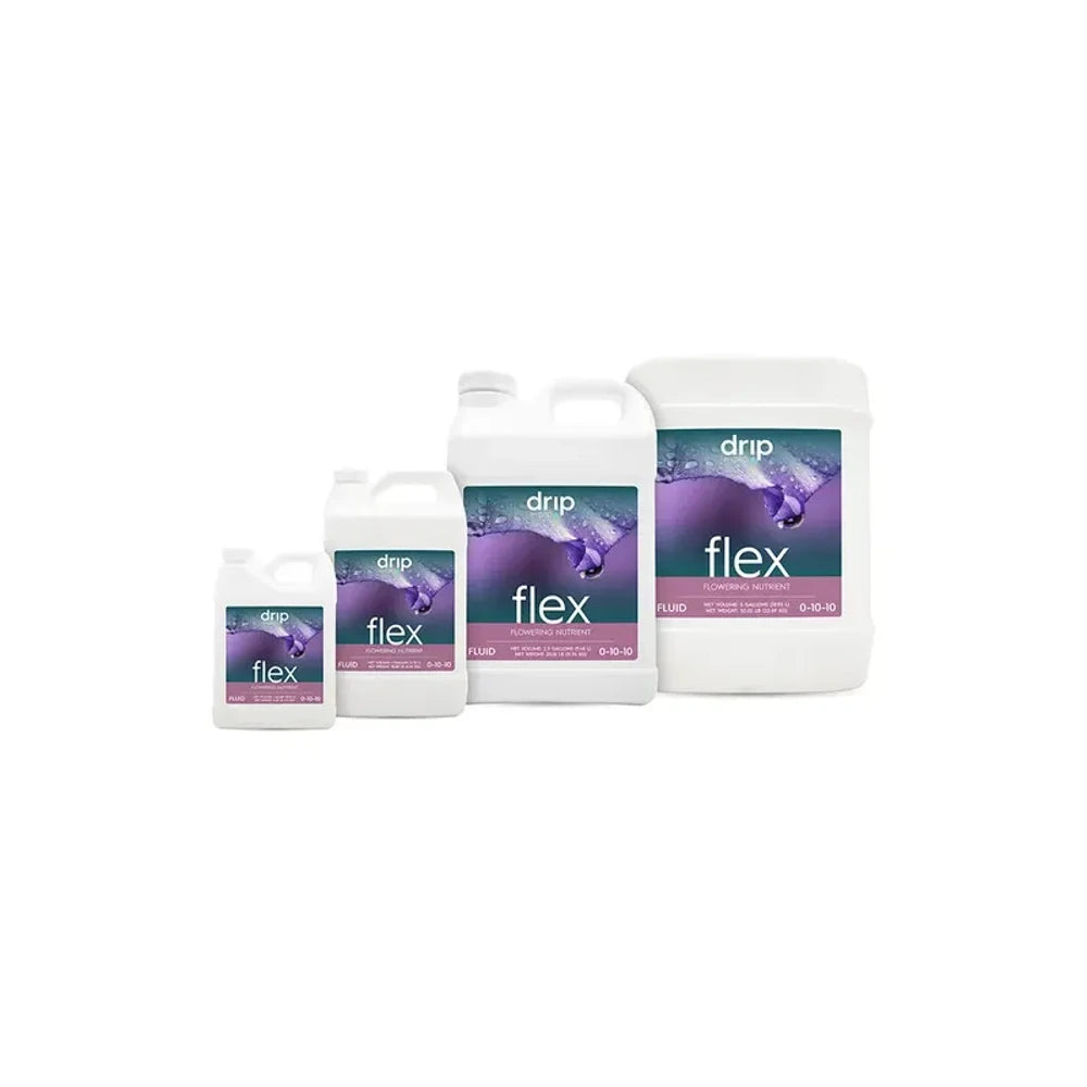 "Drip Hydro Flex Flowering Nutrient bottles in various sizes, white with purple floral label."