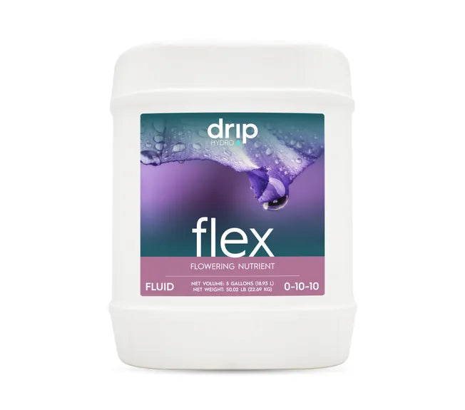 Drip Hydro Flex flowering nutrient, 5-gallon jug, 0-10-10 fertilizer.