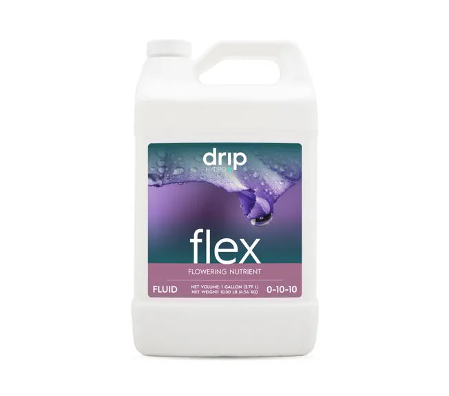 Drip Hydro Flex flowering nutrient gallon jug with purple flower graphic.