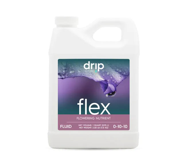 Drip Hydro Flex flowering nutrient in a quart bottle with a purple flower graphic.